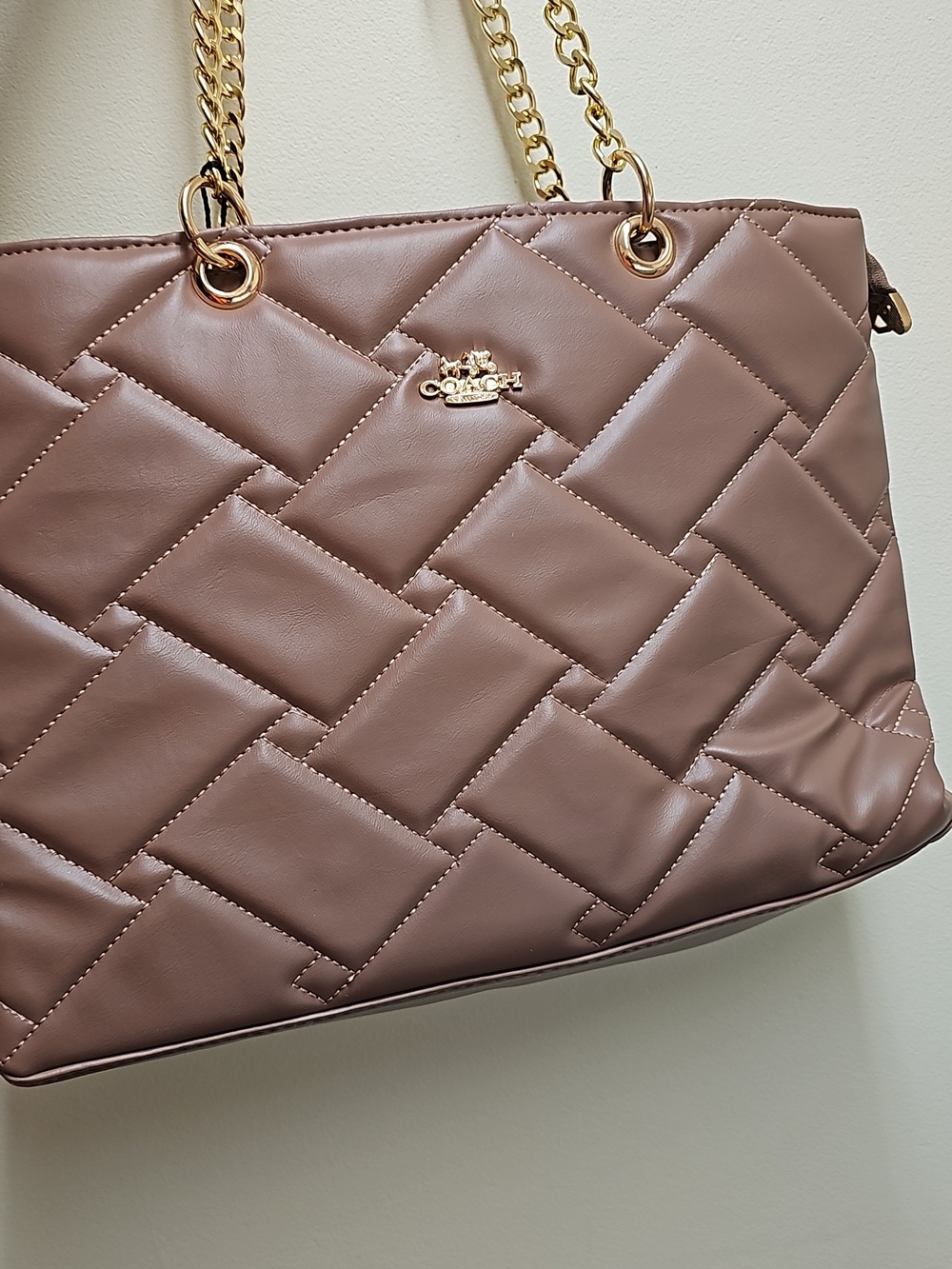 Coach Quilted Shoulder Tote in Mauve Taupe with Gold Hardware